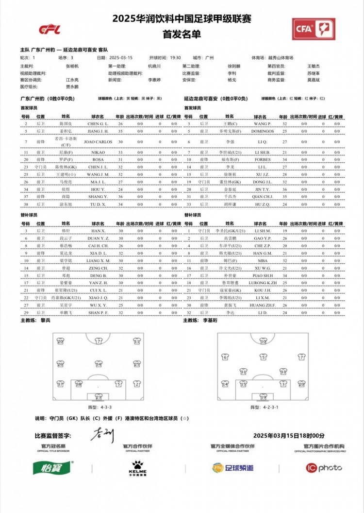廣州豹vs延邊龍鼎首發(fā)：卡洛斯、羅薩、尼康三外援領(lǐng)銜廣州豹