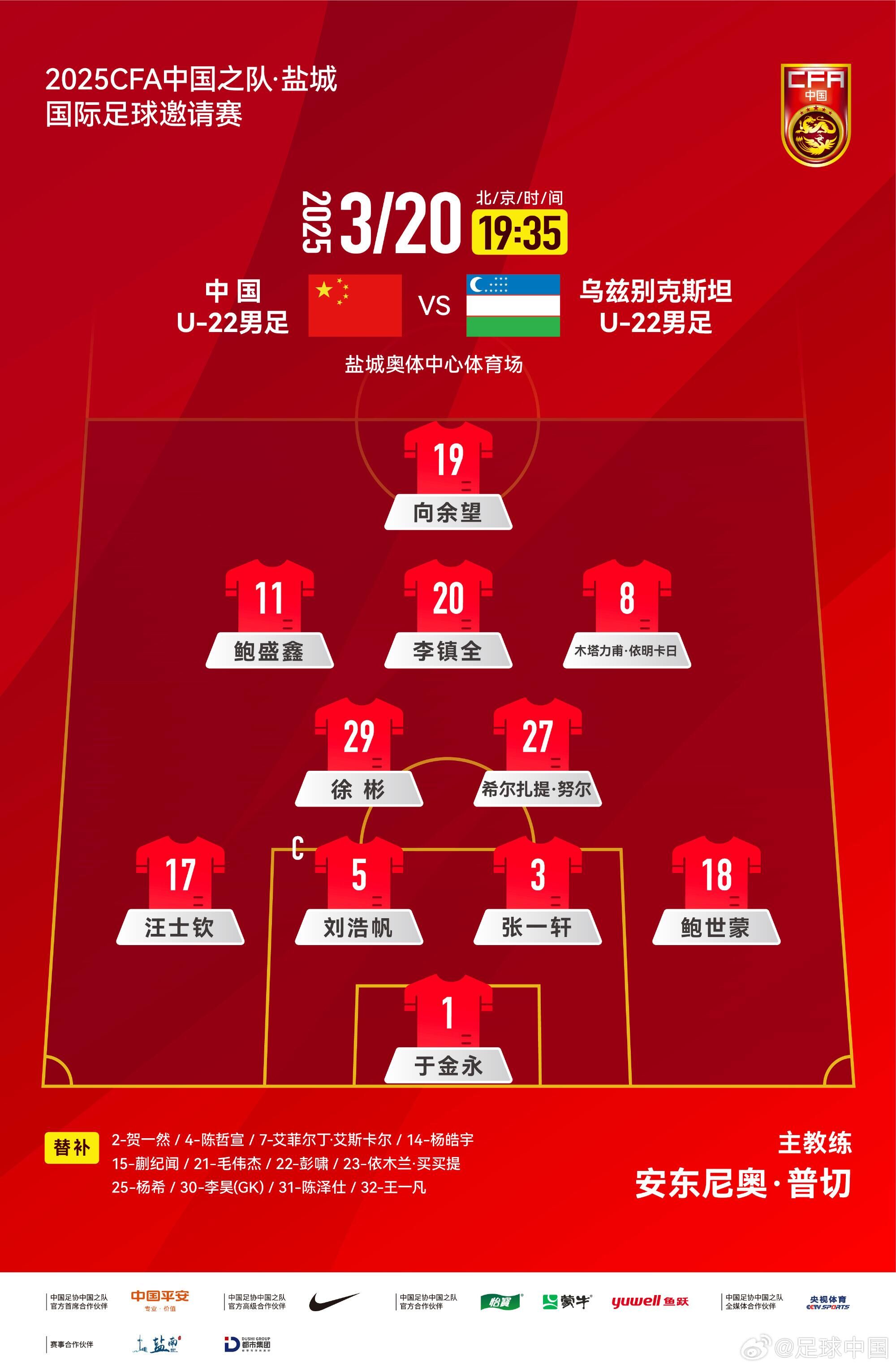 中國U-22男足VS烏茲別克斯坦U-22男足，中國隊(duì)首發(fā)名單出爐