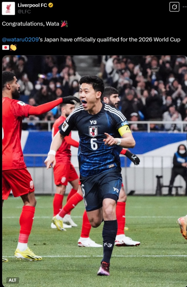 利物浦官推曬遠藤航照片，祝賀其隨日本隊提前晉級世界杯